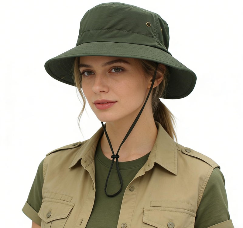 LLmoway Women Foldable Summer Hiking Hat with String UV Protection Menâ€™s Sun Hat Wide Brim Quick Dry Outdoor Cap Army Green - Image 1